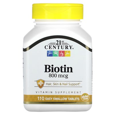 21st Century, Biotyna, 800 McG, 110 łatwych tabletek Swallow