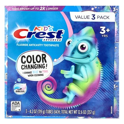 Crest, Kids Advanced, Fluoride Anticavity Pastase, 3+ lata, bubblebum, 3 paczki, 4,2 uncji (119 g)