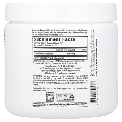 Codeage, Liposomal, Creatine Monohydrate Powder, Unflavored, 5.29 oz (150 g) Codeage, Liposomal, Creatine Monohydrate Powder, Unflavored, 5.29 oz (150 g)