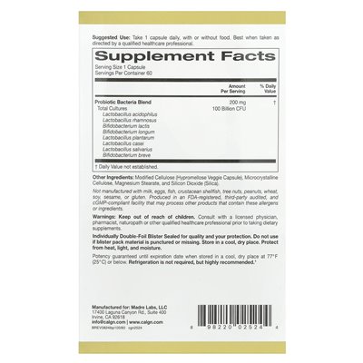 California Gold Nutrition, Lactobif®, 100 miliardów CFU, 60 kapsułek warzywnych