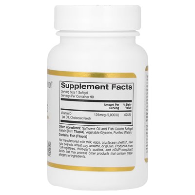 California Gold Nutrition, witamina D3, 125 MCG (5000 IU), 90 żelatynowych miękkich California Gold Nutrition, witamina D3, 125 MCG (5000 IU), 90 żelatynowych miękkich