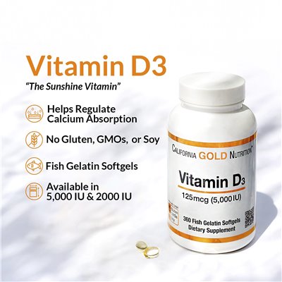 California Gold Nutrition, witamina D3, 125 MCG (5000 IU), 90 żelatynowych miękkich California Gold Nutrition, witamina D3, 125 MCG (5000 IU), 90 żelatynowych miękkich