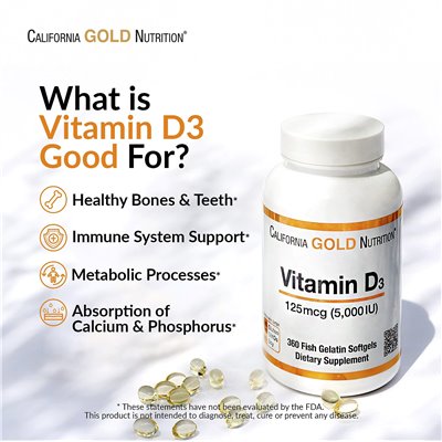 California Gold Nutrition, witamina D3, 125 MCG (5000 IU), 90 żelatynowych miękkich California Gold Nutrition, witamina D3, 125 MCG (5000 IU), 90 żelatynowych miękkich