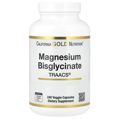 California Gold Nutrition, Bisglicynian magnezu, sformułowany z Traacs, 200 mg, 240 kapsułek wegetariańskich (100 mg na kapsułkę