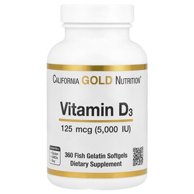 California Gold Nutrition, witamina D3, 125 MCG (5000 IU), 360 żelatynowe miękkie żelatyny