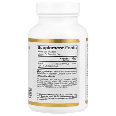 California Gold Nutrition, witamina D3, 125 MCG (5000 IU), 360 żelatynowe miękkie żelatyny