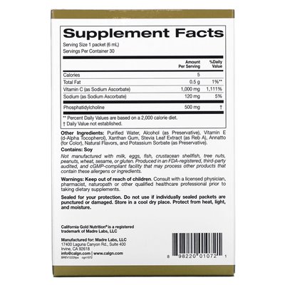 California Gold Nutrition, Liposomal Vitamin C, Orange Flavor, 1000 mg, 30 Packets, 0.2 fl oz (6 ml) California Gold Nutrition, Liposomal Vitamin C, Orange Flavor, 1000 mg, 30 Packets, 0.2 fl oz (6 ml)