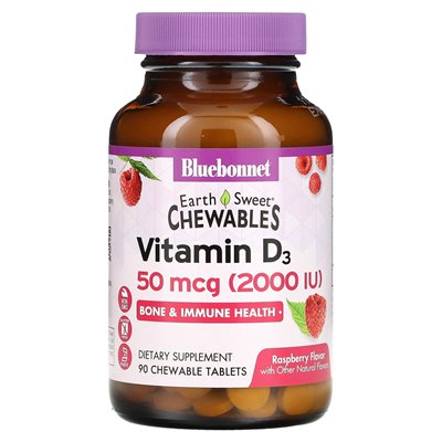Bluebonnet Nutrition, Earthsweet Chewables, Vitamin D3, Himbeere, 2000 IE, 90 Kautabletten