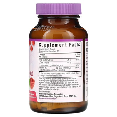 Bluebonnet Nutrition, Earthsweet Chewables, Vitamin D3, Himbeere, 2000 IE, 90 Kautabletten