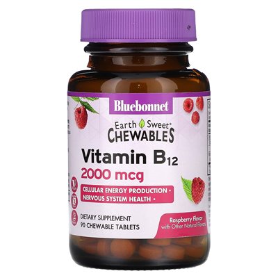 Bluebonnet Nutrition, Earthsweet Chewables, witamina B12, malina, 2000 mcg, 90 tabletek do żucia Bluebonnet Nutrition, Earthsweet Chewables, witamina B12, malina, 2000 mcg, 90 tabletek do żucia