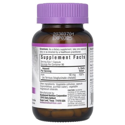 Bluebonnet Nutrition, Chelated Iron, 18 mg, 90 Vegetable Capsules Bluebonnet Nutrition, Chelated Iron, 18 mg, 90 Vegetable Capsules