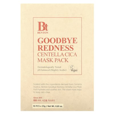 Benton, Goodbye Redness Centella Cica Beauty Mask Pack, Schönheitsmaskenpaket, 10 Blätter, je 0,81 oz (23 g)