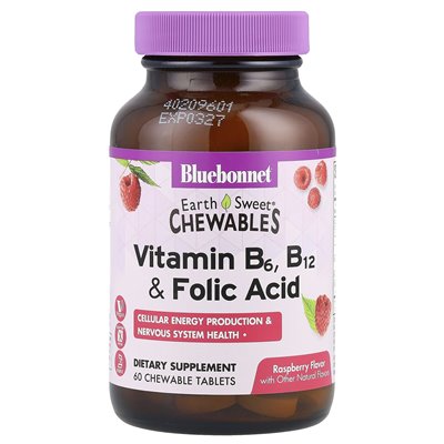 Bluebonnet Nutrition, Earth Sweet® Corwables, witamina B6, B12 i kwas foliowy, malina, 60 tabletek do żucia Bluebonnet Nutrition, Earth Sweet® Corwables, witamina B6, B12 i kwas foliowy, malina, 60 tabletek do żucia