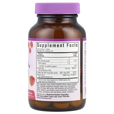 Bluebonnet Nutrition, Earth Sweet® Corwables, witamina B6, B12 i kwas foliowy, malina, 60 tabletek do żucia Bluebonnet Nutrition, Earth Sweet® Corwables, witamina B6, B12 i kwas foliowy, malina, 60 tabletek do żucia
