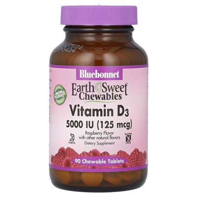 Bluebonnet Nutrition, witamina D3, malina, 5000 IU (125 mcg), 90 tabletek do żucia