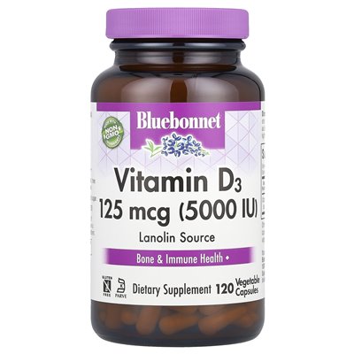Bluebonnet Nutrition, Vitamin D3, 125 mcg (5000 IU), 120 Veggie Capsules