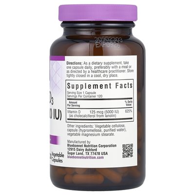 Bluebonnet Nutrition, Vitamin D3, 125 mcg (5000 IU), 120 Veggie Capsules