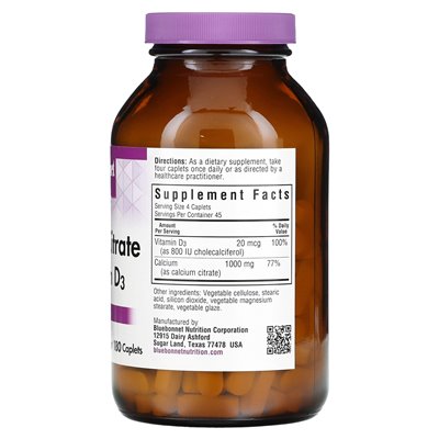Bluebonnet Nutrition, Cytrynian wapnia i witamina D3, 180 kapleczek