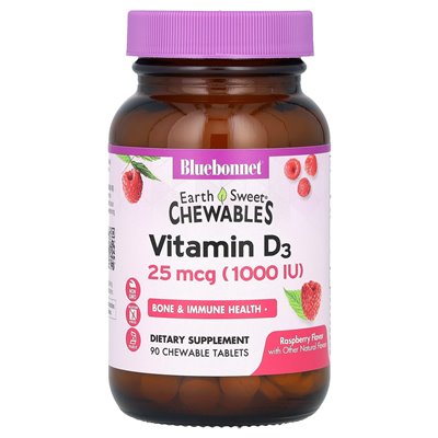 Bluebonnet Nutrition, Earth Sweet Corwables, witamina D3, malina, 25 mcg (1000 IU), 90 tabletek do żucia Bluebonnet Nutrition, Earth Sweet Corwables, witamina D3, malina, 25 mcg (1000 IU), 90 tabletek do żucia