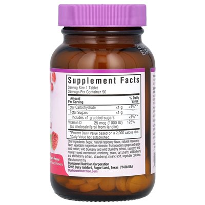 Bluebonnet Nutrition, Earth Sweet Corwables, witamina D3, malina, 25 mcg (1000 IU), 90 tabletek do żucia Bluebonnet Nutrition, Earth Sweet Corwables, witamina D3, malina, 25 mcg (1000 IU), 90 tabletek do żucia