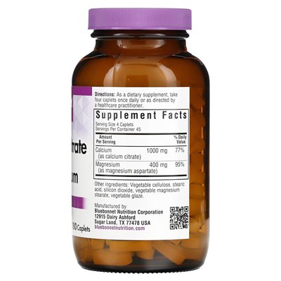 Bluebonnet Nutrition, wapń cytrynian i magnez, 180 kapleczek