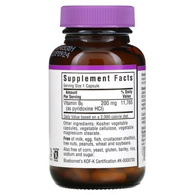 Bluebonnet Nutrition, witamina B6, 200 mg, 90 kapsułek warzywnych Bluebonnet Nutrition, witamina B6, 200 mg, 90 kapsułek warzywnych
