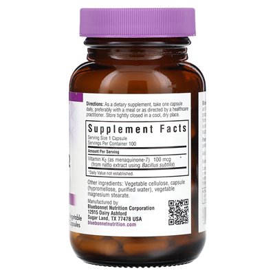 Bluebonnet Nutrition, Witamina K2, 100 mcg, 100 Wegetariańskich Kapsułek Bluebonnet Nutrition, Witamina K2, 100 mcg, 100 Wegetariańskich Kapsułek