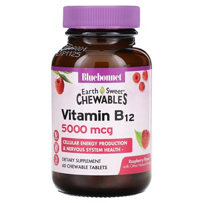 Bluebonnet Nutrition, Earth Sweet Chewables, Witamina B12, Malina, 5,000 mcg, 60 Żuwanych tabletek Bluebonnet Nutrition, Earth Sweet Chewables, Witamina B12, Malina, 5,000 mcg, 60 Żuwanych tabletek