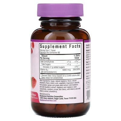 Bluebonnet Nutrition, Earth Sweet Chewables, Witamina B12, Malina, 5,000 mcg, 60 Żuwanych tabletek Bluebonnet Nutrition, Earth Sweet Chewables, Witamina B12, Malina, 5,000 mcg, 60 Żuwanych tabletek