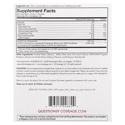 Codeage, Nanofood, Wonder Heart, Liposomal COQ10, malina, 30 torebek, 0,3 fl oz (10 ml)
