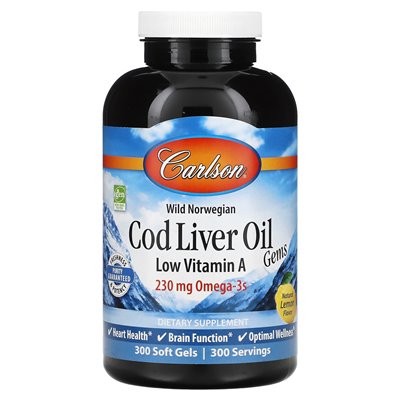 Carlson, Wild Norwegian, COD Wątrobowa klejnoty oleju, niska witamina A, naturalna cytryna, 230 mg, 300 miękkich żeli