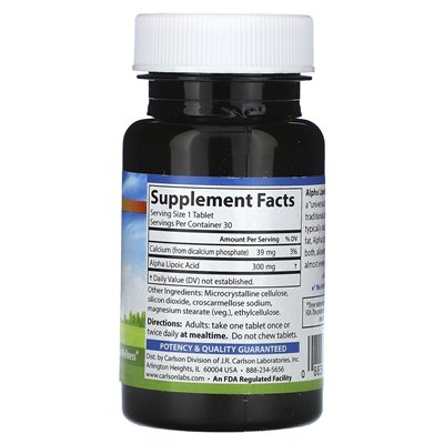 Carlson, alfa kwas lipoinowy, 300 mg, 30 tabletek Carlson, alfa kwas lipoinowy, 300 mg, 30 tabletek