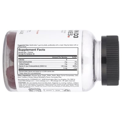 Codeage, witaminy D3, truskawki, 5000 IU, 60 gumzy