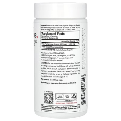 Codeage, Bauchspeicheldrüse von grasgefütterten Tieren, 500 mg, 180 Kapseln