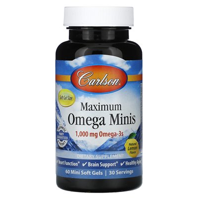 Carlson, maksymalna mini Omega, naturalna cytryna, 1000 mg, 60 mini miękkich żeli (500 mg na miękki żel)