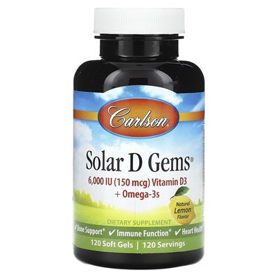 Carlson, Solar D GEMS®, witamina D3 + Omega-3S, naturalna cytryna, 120 miękkich żeli