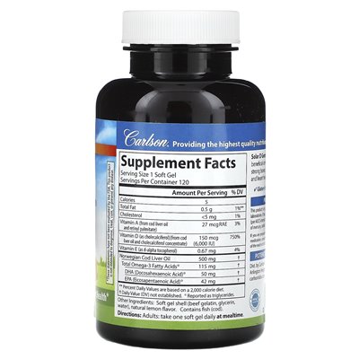 Carlson, Solar D GEMS®, witamina D3 + Omega-3S, naturalna cytryna, 120 miękkich żeli