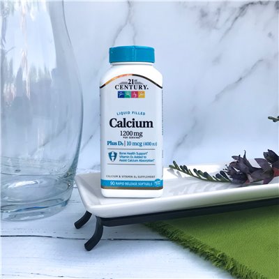 XXI wiek, wapń wypełniony cieczą plus D3, 1200 mg, 90 Soft uwalniach (600 mg na miękką)