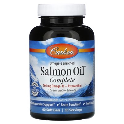 Carlson, Omega-3 wzbogacony olej łososia kompletny, 60 miękkich żeli