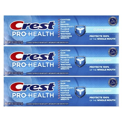 Crest, Pro-Health, Fluoride Nish Pastase, Clean Mint, 3 paczki, 4,3 uncji (121 g) każdy