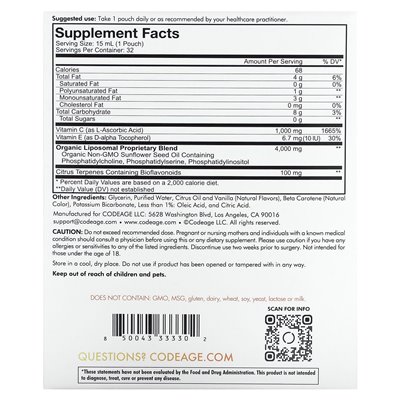 Codeage, liposomalna witamina C, cytrusowe wanilia, 1000 mg, 32 torebki, 0,5 fl oz (15 ml)