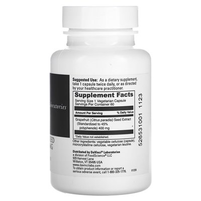 DaVinci Laboratories of Vermont, grejpfrutowy ekstrakt z nasion, 400 mg, 60 kapsułek