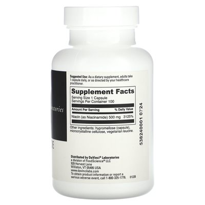 DaVinci Laboratories of Vermont, niacynamid, 500 mg, 100 kapsułek DaVinci Laboratories of Vermont, niacynamid, 500 mg, 100 kapsułek