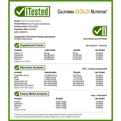 California Gold Nutrition, Propolis &amp Echinacea dla dzieci, bez żelatyny, naturalna malina, 60 gumzy wegetariańskiej