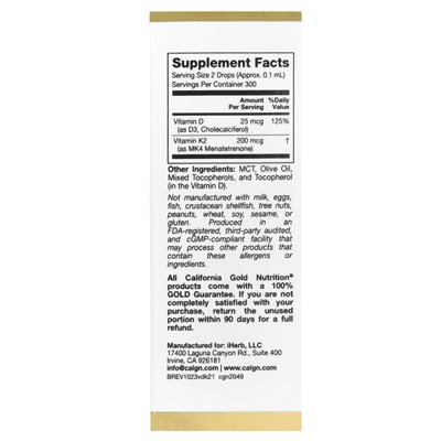 California Gold Nutrition, witamina D3 + K2, 25 mcg (1000 IU), 1 Fl Oz (30 ml)