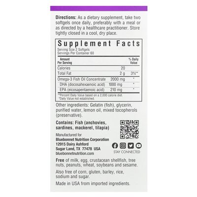 Bluebonnet Nutrition, Omega-3 Fish Oil, cytryna, 120 softgels