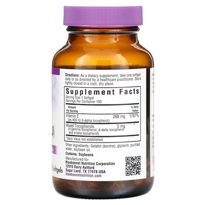 Bluebonnet Nutrition, Vitamin E, 268 mg (400 IU), 100 softgels