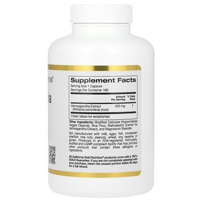 California Gold Nutrition, Ashwagandha, 450 mg, 180 kapsułek wegetariańskich California Gold Nutrition, Ashwagandha, 450 mg, 180 kapsułek wegetariańskich