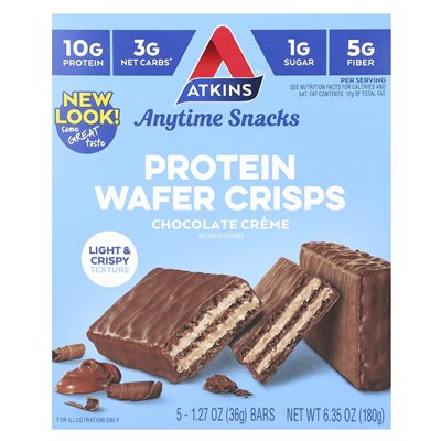 Atkins, przekąski w dowolnym momencie, chipsy białkowe, krem ​​czekoladowy, 5 barów, 1,27 uncji (36 g)