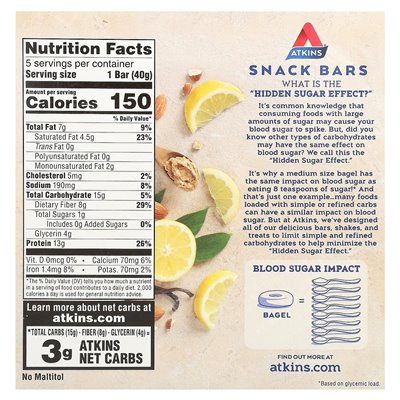 Atkins, snack, lemon bar, 5 bars, 1.41 oz (40 g)